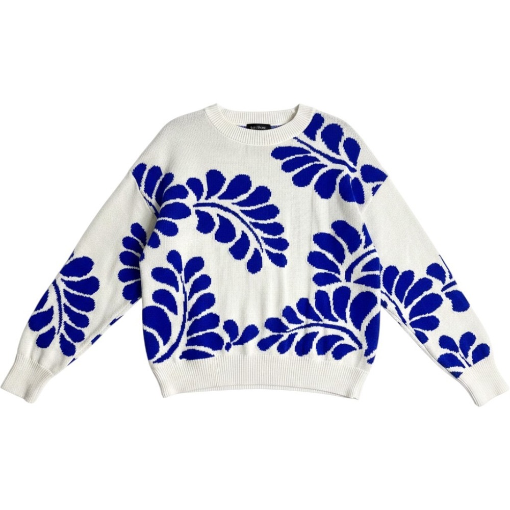 Ann Taylor Blue White Leaf Knit Sweater L Jacquard Botanical Preppy Coastal